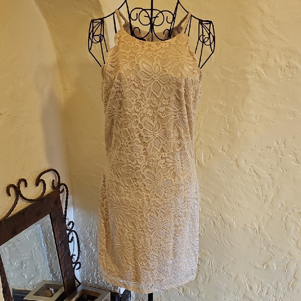 A. Byer One-Shoulder Lace Dress in Beige
